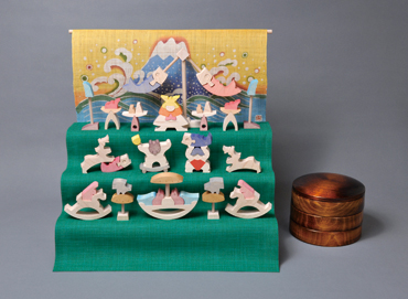 里山円武者3段飾り・普通垂幕・緑 小黒三郎・組み木の五月人形